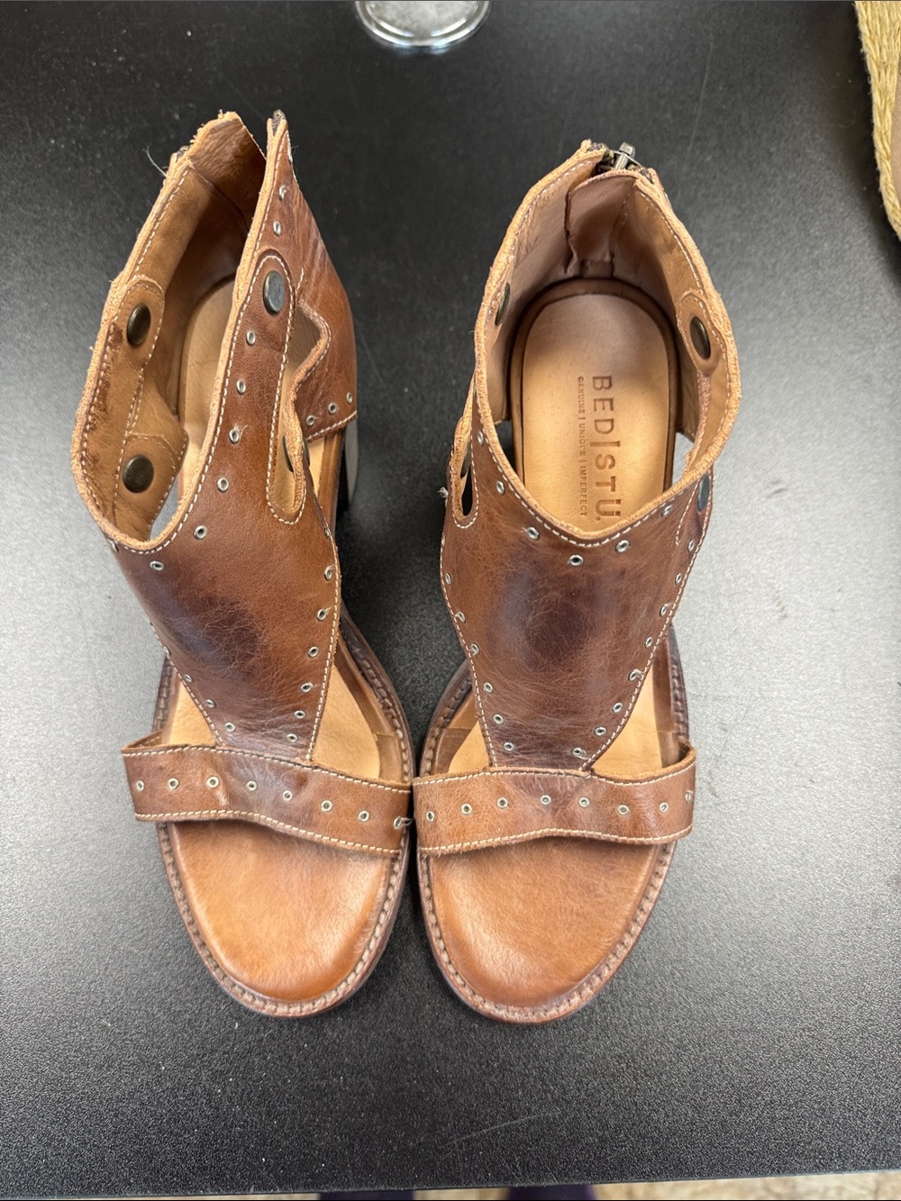 BED|STU Women's Brown Leather Studded Open-Toe Sandals